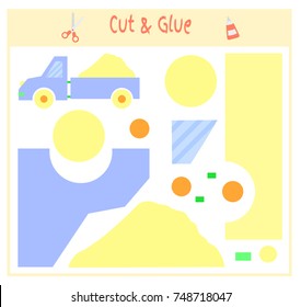 Education paper game for the development of preschool children. Cut parts of the image and glue on the paper. Vector illustration. Use scissors and glue to create the applique. toy truck sand
