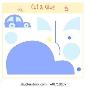 Education paper game for the development of preschool children. Cut parts of the image and glue on the paper. Vector illustration. Use scissors and glue to create the applique. toy car.