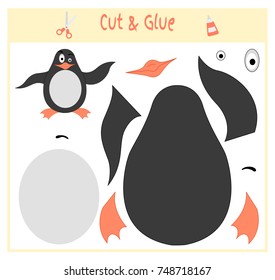 Education paper game for the development of preschool children. Cut parts of the image and glue on the paper. Vector illustration. Use scissors and glue to create the applique. penguin