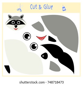 Education paper game for the development of preschool children. Cut parts of the image and glue on the paper. Vector illustration. Use scissors and glue to create the applique. raccoon