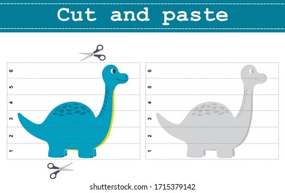 Education paper game for preschool children "Cut and paste". Cartoon funny dinosaur. Use scissors and glue to create the image.