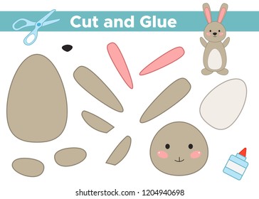 Education paper game for preschool kids. Create the applique cute rabbit. Cut and glue. Vector illustration.