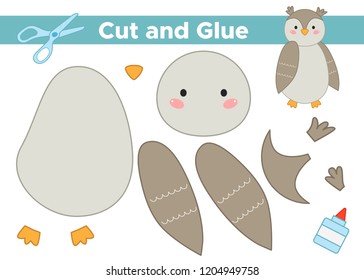 Education paper game for preschool kids. Create the applique gray owl. Cut and glue. Vector illustration.