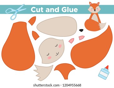 Education paper game for preschool kids. Create the applique cartoon fox. Paper toy. Cut and glue. Woodland animals. Vector illustration.