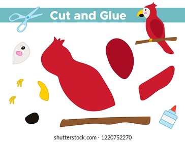 Education paper game for preschool kids. Create the applique cute parrot. Cut and glue. Tropical birds. Vector illustration.