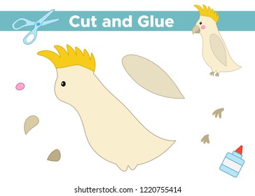 Education paper game for preschool kids. Create the applique cute parrot Cockatoo. Cut and glue. Tropical birds. Vector illustration.