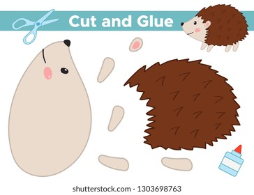 Education paper game for preschool kids. Create the applique cute hedgehog. Cut and glue. Forest animals. Vector illustration.