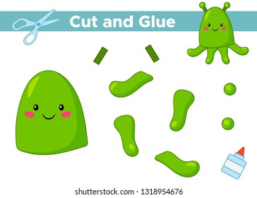 Education paper game for preschool kids. Create the applique cute green alien. Cut and glue. Space theme. Vector illustration.