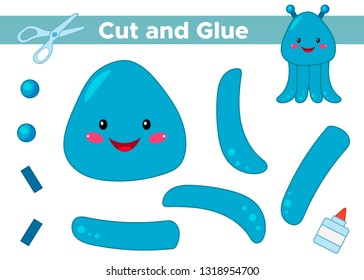 Education paper game for preschool kids. Create the applique cute cartoon alien. Cut and glue. Space theme. Vector illustration.