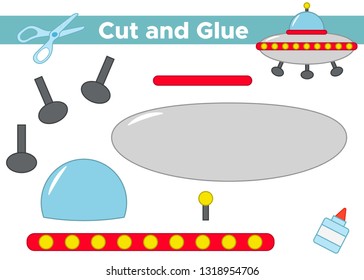 Education paper game for preschool kids. Create the applique alien's UFO. Cut and glue. Vector illustration.