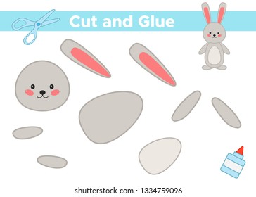 Education paper game for preschool kids. Create the applique cute cartoon kawaii rabbit. Cut and glue. Vector illustration.
