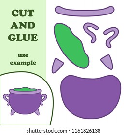 Education paper game for preshool children. Paper crafts for kids. Use scissors, cut parts of the image and glue to create the witch cauldron.