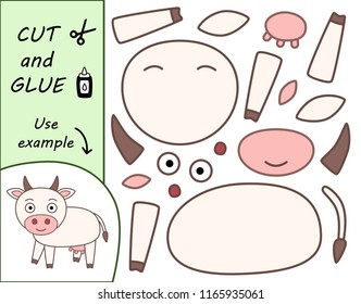 Education paper game for preshool children. Paper crafts for kids. Use scissors, cut parts of the image and glue to create the cow.