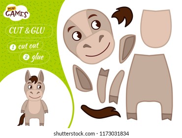 Education paper game for preshool children. Vector illustration. Cartoon cute donkey.