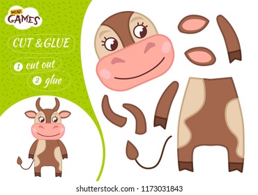 Education paper game for preshool children. Vector illustration. Cartoon cute cow.