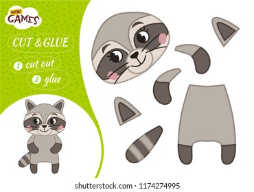 Education paper game for preshool children. Vector illustration. Cartoon raccoon.