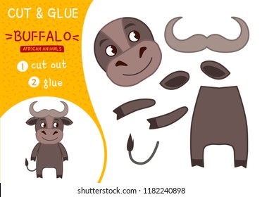Education paper game for preshool children. Vector illustration. Collection of African animals. Illustration of a cute cartoon buffalo
