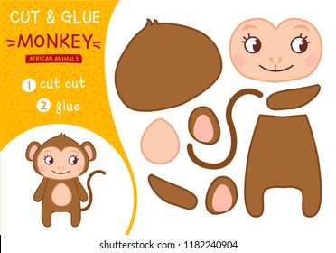 Education paper game for preshool children. Vector illustration. Collection of African animals. Illustration of a cute cartoon monkey