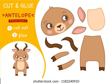 Education paper game for preshool children. Vector illustration. Collection of African animals. Illustration of a cute cartoon antelope