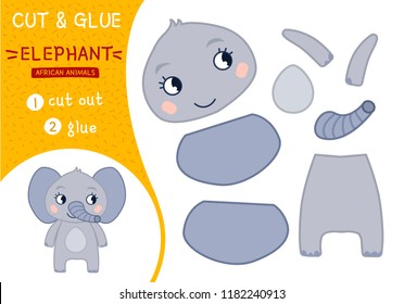 Education paper game for preshool children. Vector illustration. Collection of African animals. Illustration of a cute cartoon elephant