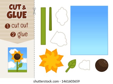 Education paper game for preshool children. Vector illustration of cartoon sunflower.