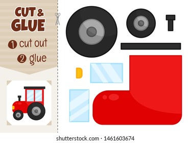 Education paper game for preshool children. Vector illustration of cartoon red tractor.