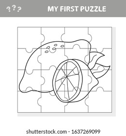 Education paper game for preshool children. Vector illustration. Cartoon lemon. My first puzzle and coloring book