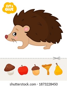 Education paper game for preshool children. Vector illustration of cute hedgehog. Cut and glue mushrooms and apples on a hedgehog.
