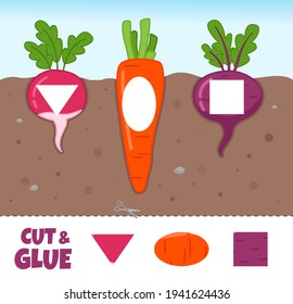 Education paper game for preshool children. We study geometric shapes. Cut and glue. Cartoon vegetables.
