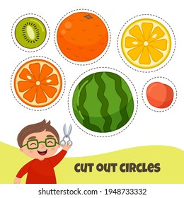 Education paper game for preshool children. Working with scissors. Cut in a circle.
