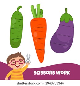 Juego de papel educativo para niños preescolares. Trabajar con tijeras. Corta las verduras en trozos.

