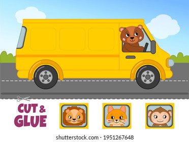 Education paper game for preshool children. Vector illustration the bus carries animals.