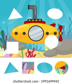 Education paper game for preshool children. Cut out the parts and glue in the right place. Illustration of submarine at sea.

