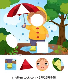 Education paper game for preshool children. Cut out the parts and glue in the right place. Illustration of cute boy with umbrella in the garden.

