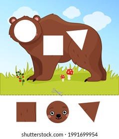 Education paper game for preshool children. Cut out the parts and glue in the right place. Illustration of cute bear.
