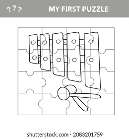 Education paper game for preshool children. Vector illustration. Cartoon xylophone. My first puzzle and coloring page