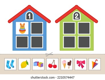 Education paper game for preshool children. Cut and glue into the correct houses. Counting game.
