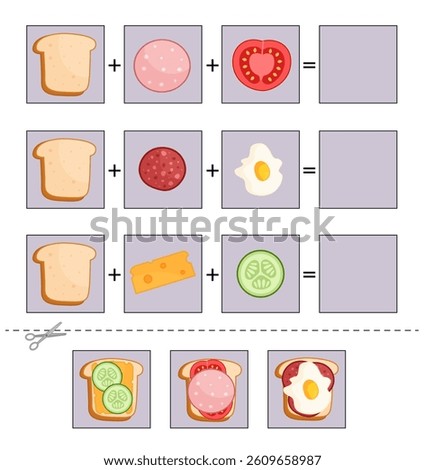 Education paper game for preshool children. Cut out the sandwiches and glue them in the correct place.
