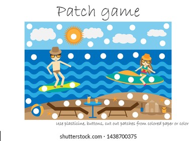 Education Patch game beach for children to develop motor skills, use plasticine patches, buttons, colored paper or color the page, kids preschool activity, printable worksheet, vector illustration