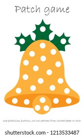 Education Patch game bell for children to develop motor skills, use plasticine patches, buttons, colored paper or color the page, kids preschool activity, printable worksheet, vector illustration