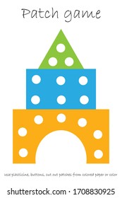 Bloques de juego de parches para niños para desarrollar habilidades motoras, utilizar parches plasticinco, botones, papel coloreado o color de la página, actividad preescolar infantil, hoja de cálculo imprimible, ilustración vectorial