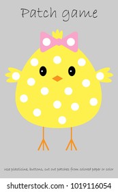 Education Patch game chick for children to develop motor skills,  use plasticine patches, buttons, colored paper or color the page, kids preschool activity, printable worksheet, vector illustration
