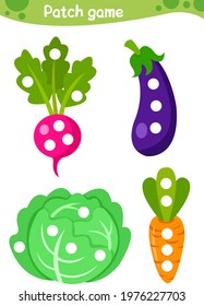 Education Patch Game For Children. Kids Preschool Activity. Vegetables. Radish, Eggplant, Cabbage, Carrots.