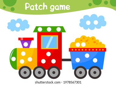 Education Patch game for children. Kids preschool activity. Multicolored steam locomotive. A train.