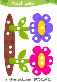 Education Patch game for children. Pink and purple flower. Kids preschool activity. 