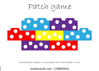 Education Patch game constructor for children. develop motor skills, use plasticine patches, buttons, colored paper or color the page, kids preschool activity, printable worksheet, vector illustration