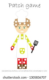 Education Patch game cook for children to develop motor skills, use plasticine patches, buttons, colored paper or color the page, kids preschool activity, printable worksheet, vector illustration