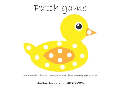 Education Patch game duck for children to develop motor skills, use plasticine patches, buttons, colored paper or color the page, kids preschool activity, printable worksheet, vector illustration
