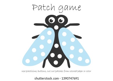 Education Patch game fly for children to develop motor skills, use plasticine patches, buttons, colored paper or color the page, kids preschool activity, printable worksheet, vector illustration