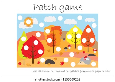 Education Patch game forest for children to develop motor skills, use plasticine patches, buttons, colored paper or color the page, kids preschool activity, printable worksheet, vector illustration